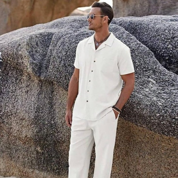 American-style Vintage Short-sleeve Shirt And Casual Trousers Two-piece Set