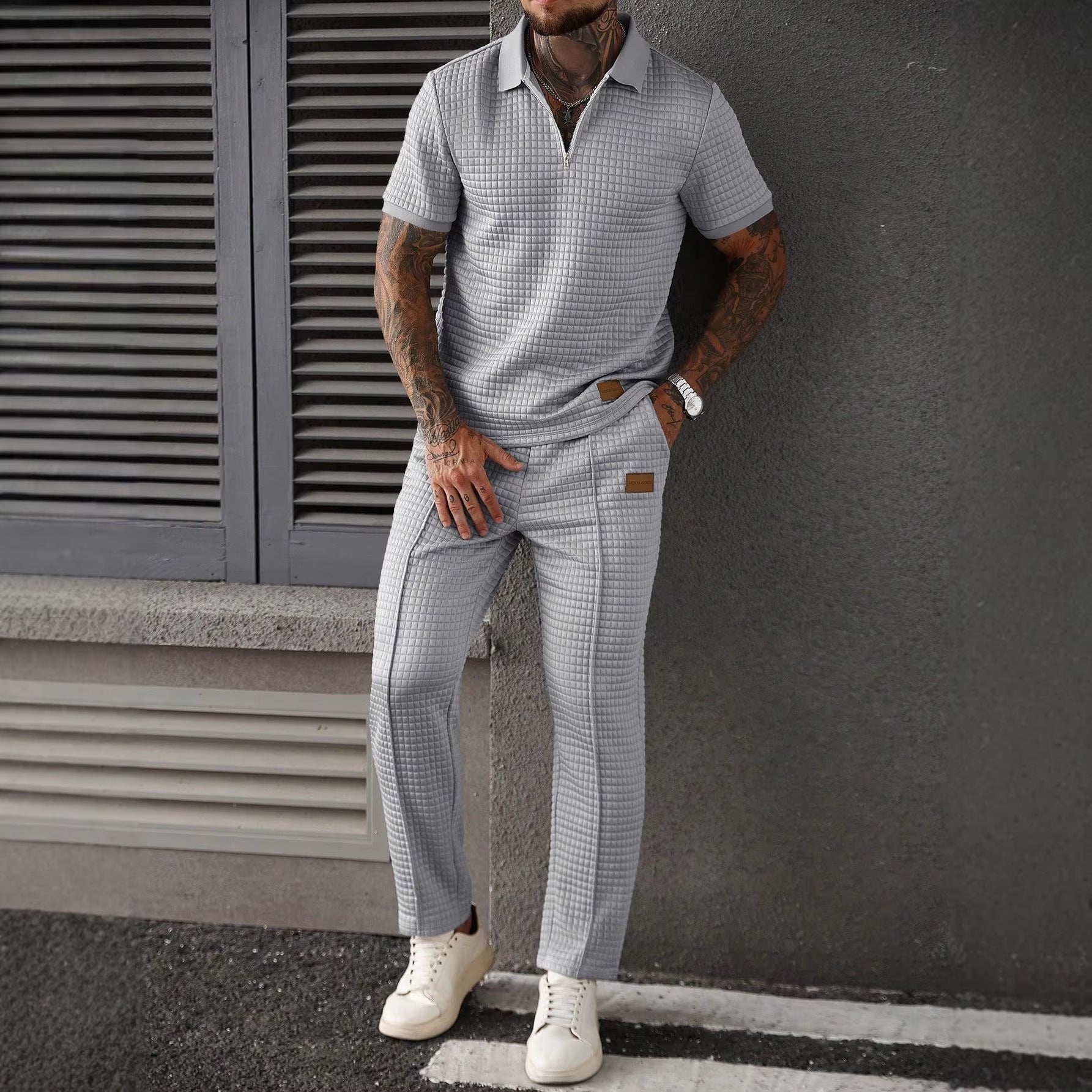 Casual Zip-Up Polo Shirt Top And Pants Two-Piece Set