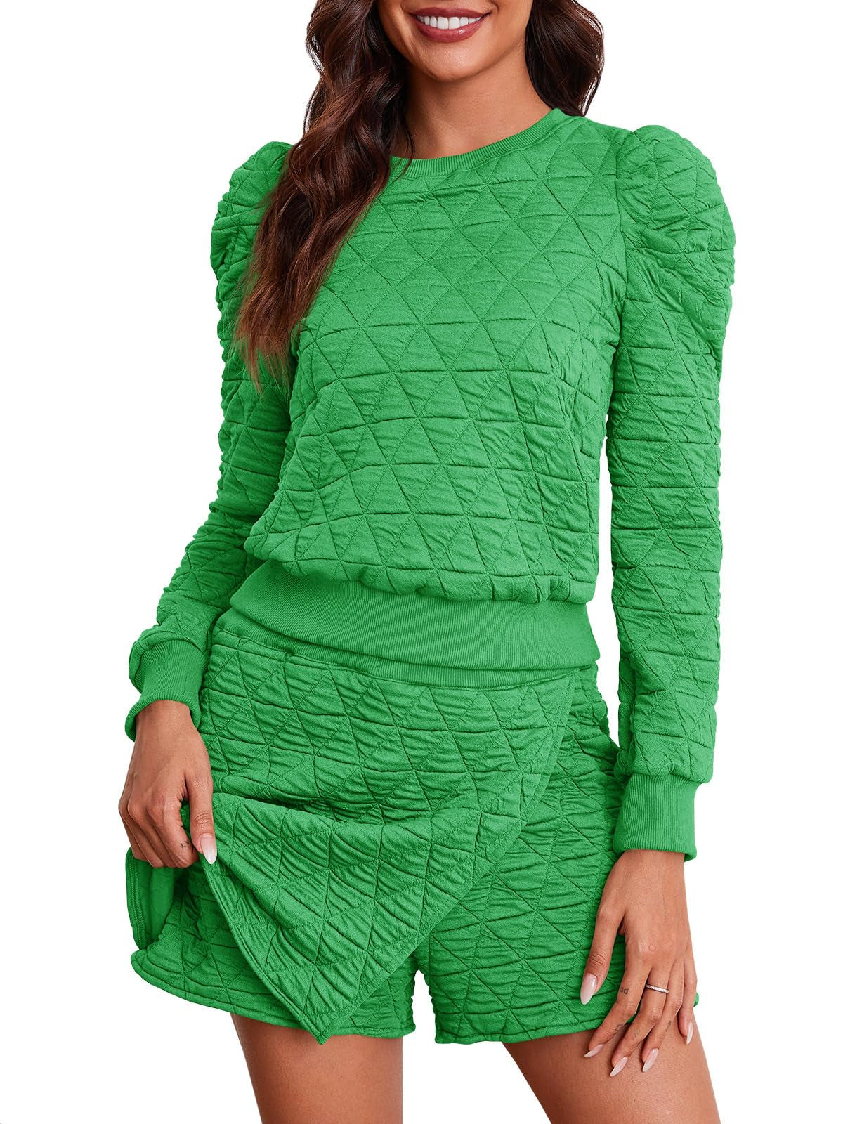 Fisoew Women's 2 Piece Lounge Wear Set Long Sleeve Argyle Sweatshirts And Wrap Skorts Casual Sets