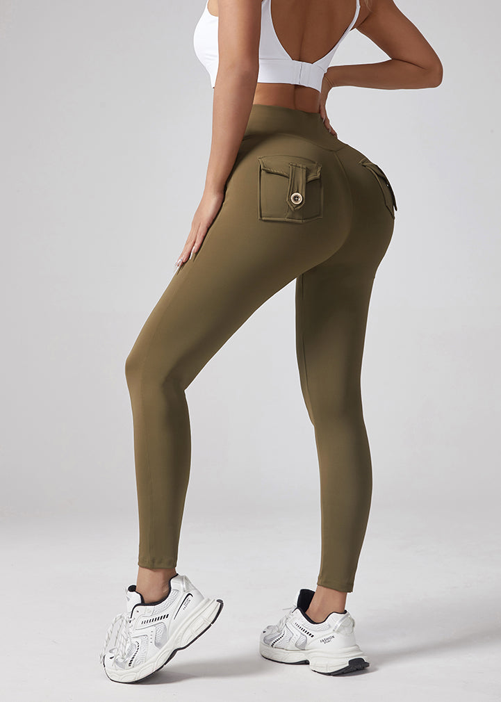V-waist Yoga Elastic Tight Pants, Women's Peach Hip Lifting Running Speed Drying Yoga Pants, Workwear Pocket Button Pants