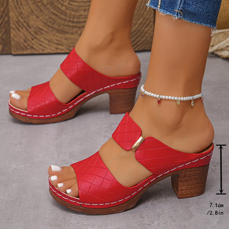 Chunky Heel Sandals Summer Round Toe Plaid Slides Slippers Fashion Outdoor High Heels Shoes For Women
