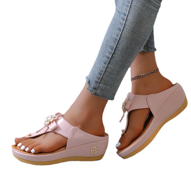 Women's Flower Wedge Heel Platform Flip Flops Plus Size Beach Slippers
