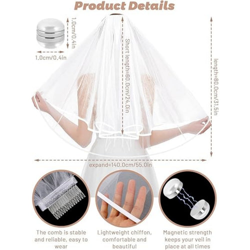 Bridal Veil Wedding Veil Weights Short 2 Tier Veil And 12 Pairs Veil Weights Magnetic Double Sided Artificial Pearls Silver Button For Bachelorette Party Bridal Shower Veil First Communion-Clearance