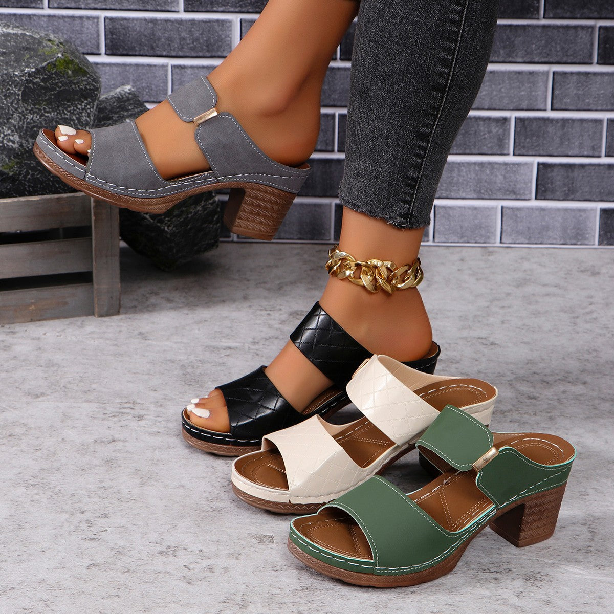 Chunky Heel Sandals Summer Round Toe Plaid Slides Slippers Fashion Outdoor High Heels Shoes For Women