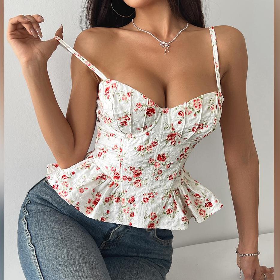 Women's Floral-print Asymmetrical Ruffled Top