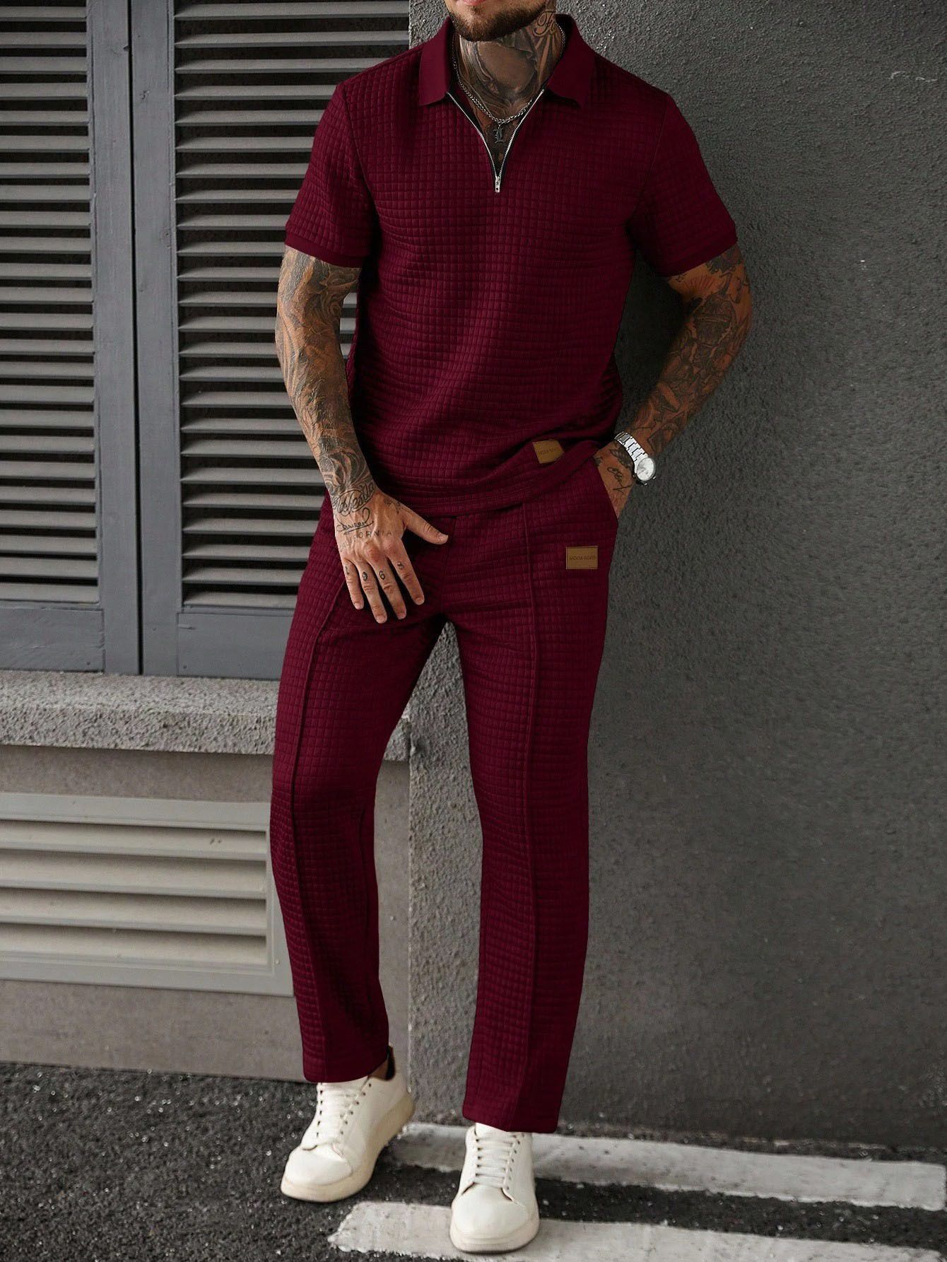 Casual Zip-Up Polo Shirt Top And Pants Two-Piece Set