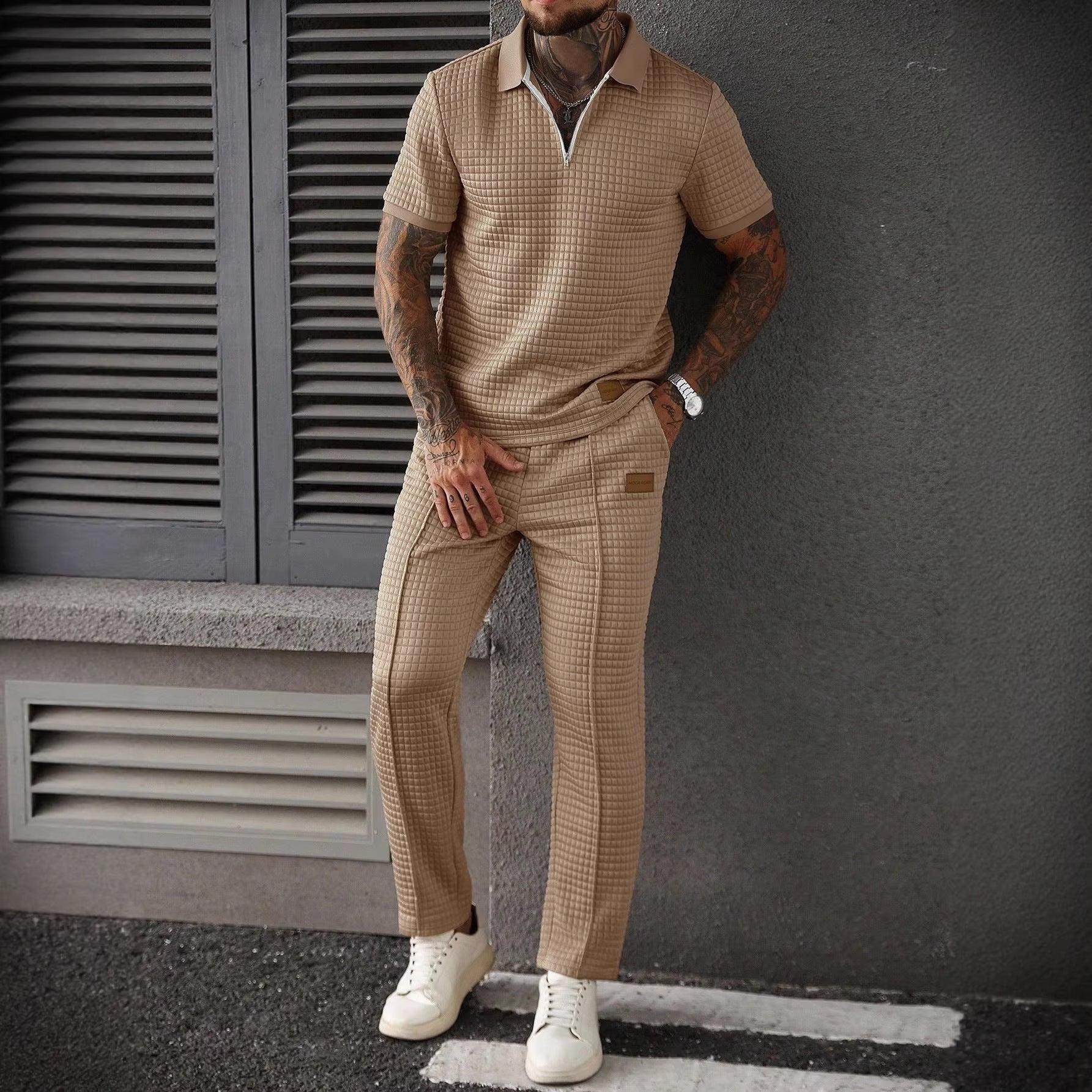 Casual Zip-Up Polo Shirt Top And Pants Two-Piece Set