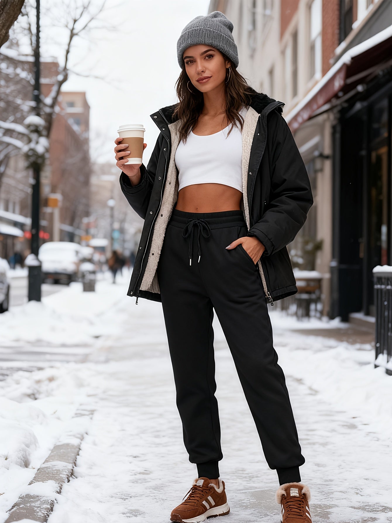 Women's Fleece Sweatpants Jogger Fleece Pants With Drawstring Waist, Boyfriend Style, Long, Solid Color, Slightly Stretchy Fabric