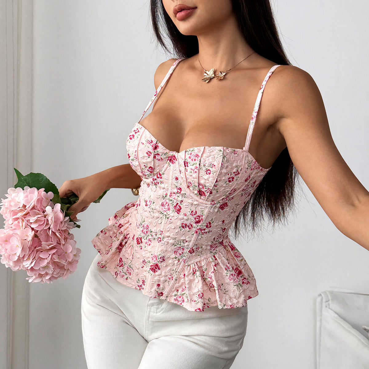 Women's Floral-print Asymmetrical Ruffled Top