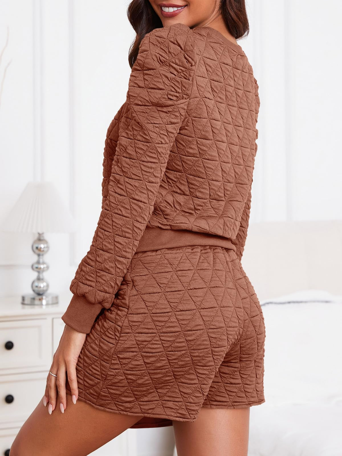 Fisoew Women's 2 Piece Lounge Wear Set Long Sleeve Argyle Sweatshirts And Wrap Skorts Casual Sets