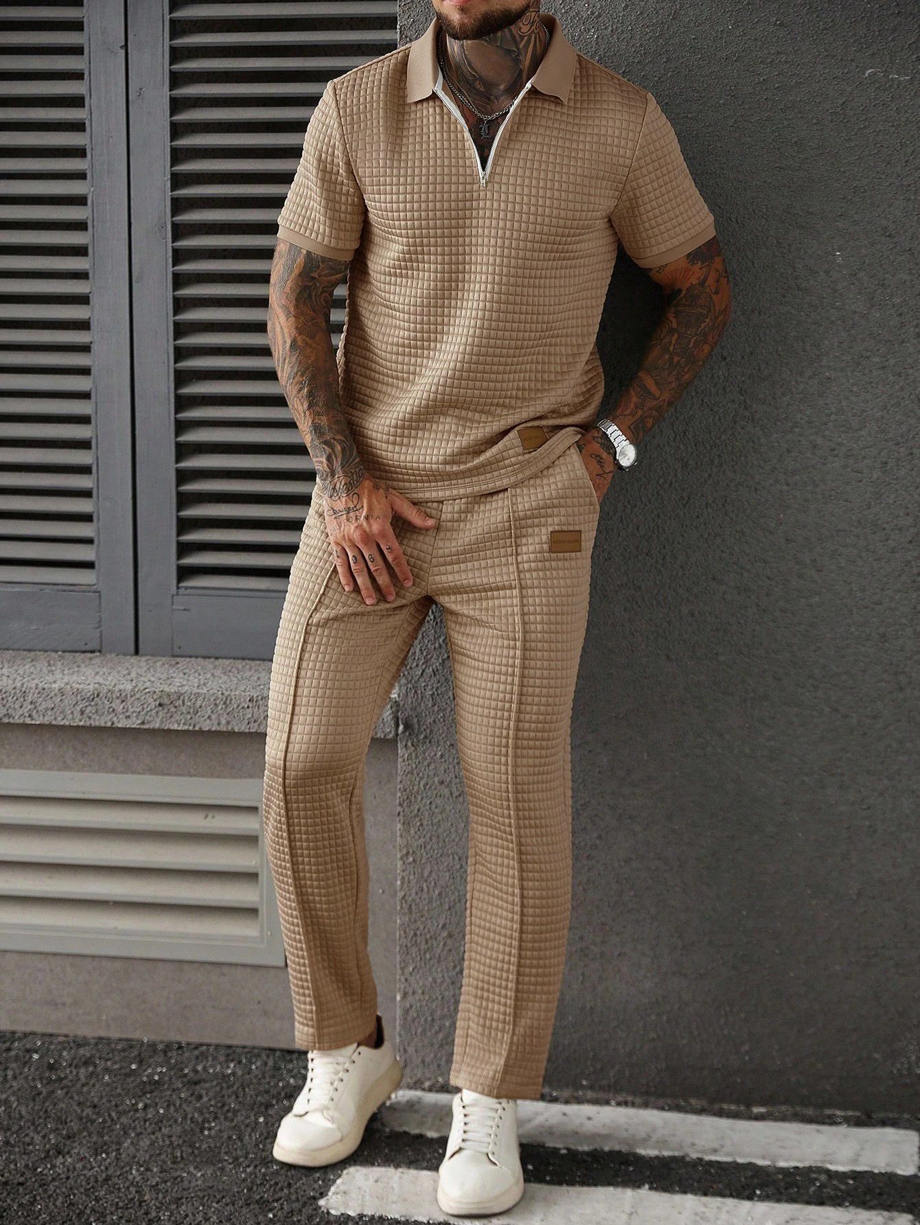 Casual Zip-Up Polo Shirt Top And Pants Two-Piece Set