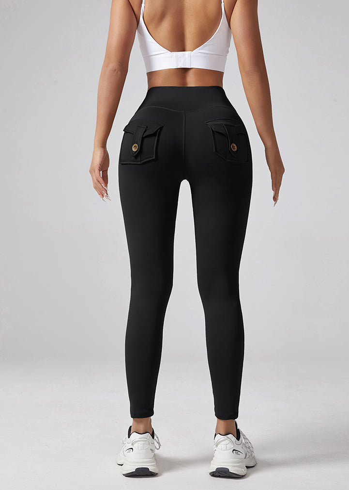 V-waist Yoga Elastic Tight Pants, Women's Peach Hip Lifting Running Speed Drying Yoga Pants, Workwear Pocket Button Pants