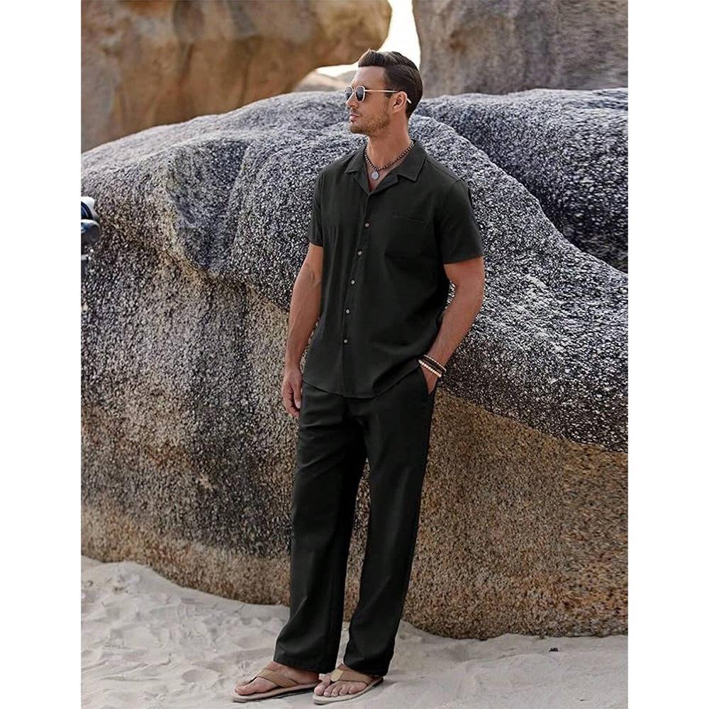 American-style Vintage Short-sleeve Shirt And Casual Trousers Two-piece Set